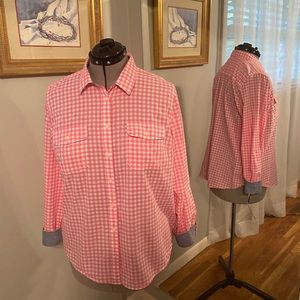 St. John’s Bay Pink Gingham ladies long sleeve shirt Denim collar/cuffs size XL